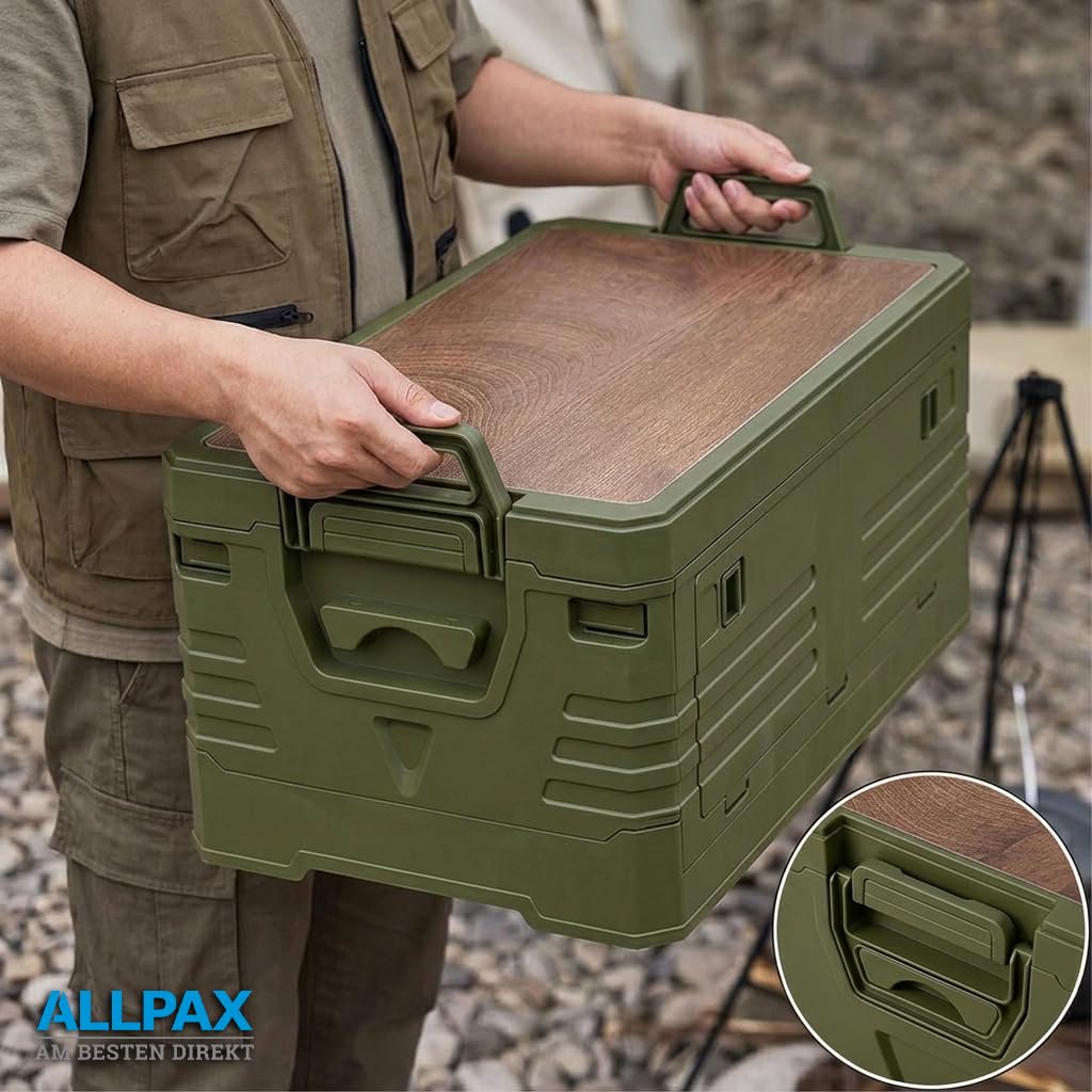 Allpax Outdoor Campingbox faltbar mit Holzdeckel, 30 Liter, olive, 47,5 x 29,5 x 23,5 cm, stapelbare Aufbewahrungsbox für Camping, Auto & Haushalt, Garten, Party & Picknick