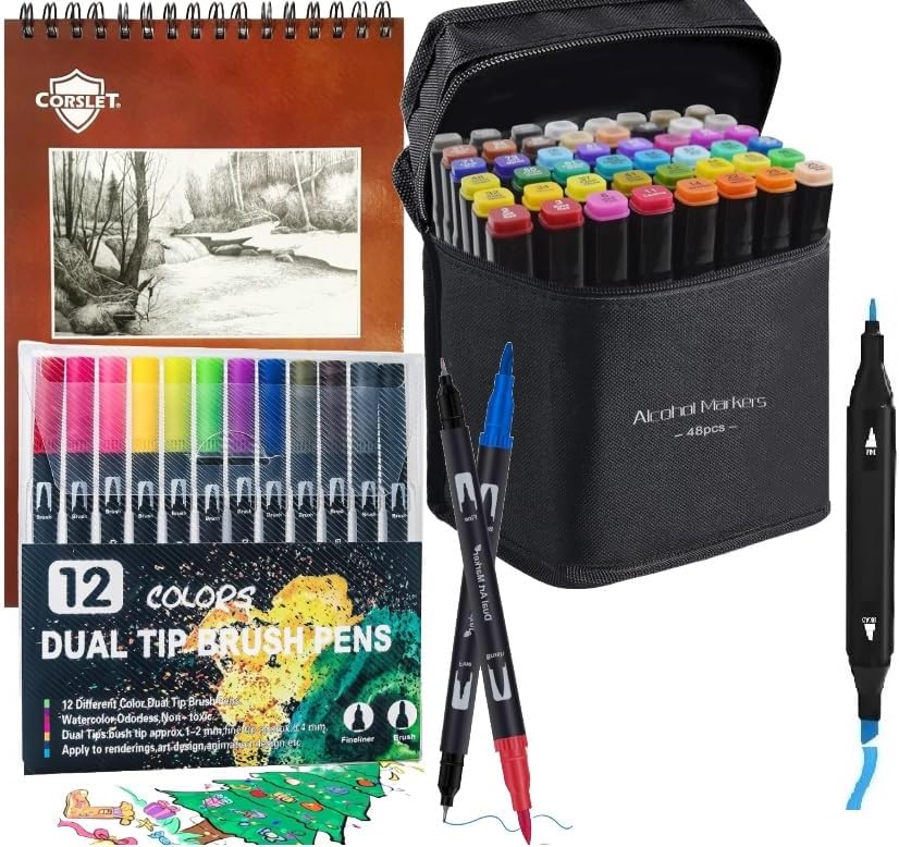 Corslet 61-Piece Art Set – Includes 48 Dual Tip Alcohol Markers, 12 Dual Tip Brush Pens, and 1 Bleedproof Marker Pad (200gsm) – Ideal for Drawing, Sketching and Calligraphy – and Suitable for All Ages