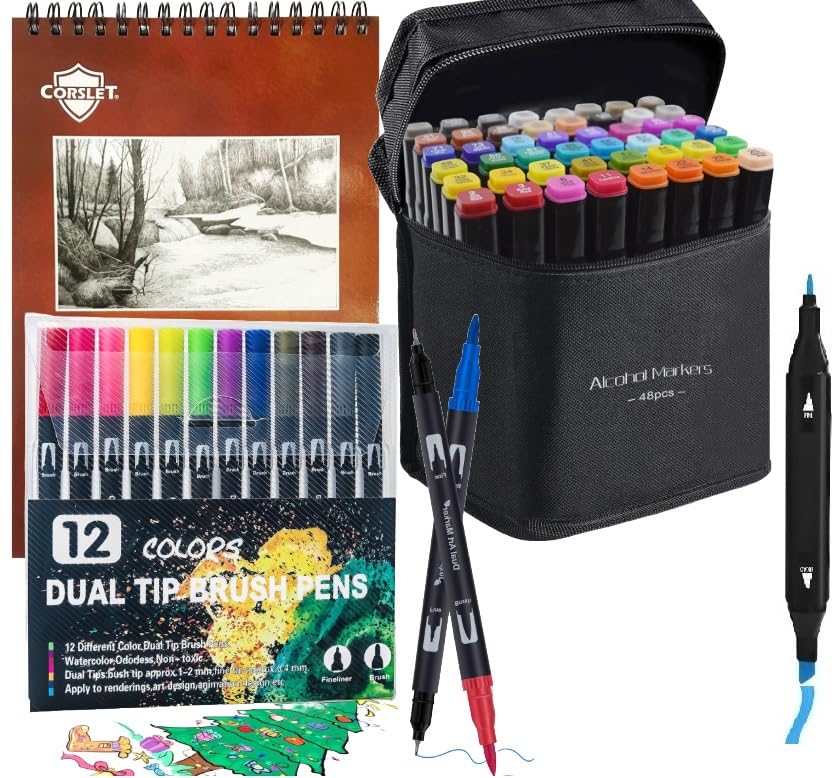 Corslet 61-Piece Art Set – Includes 48 Dual Tip Alcohol Markers, 12 Dual Tip Brush Pens, and 1 Bleedproof Marker Pad (200gsm) – Ideal for Drawing, Sketching and Calligraphy – and Suitable for All Ages