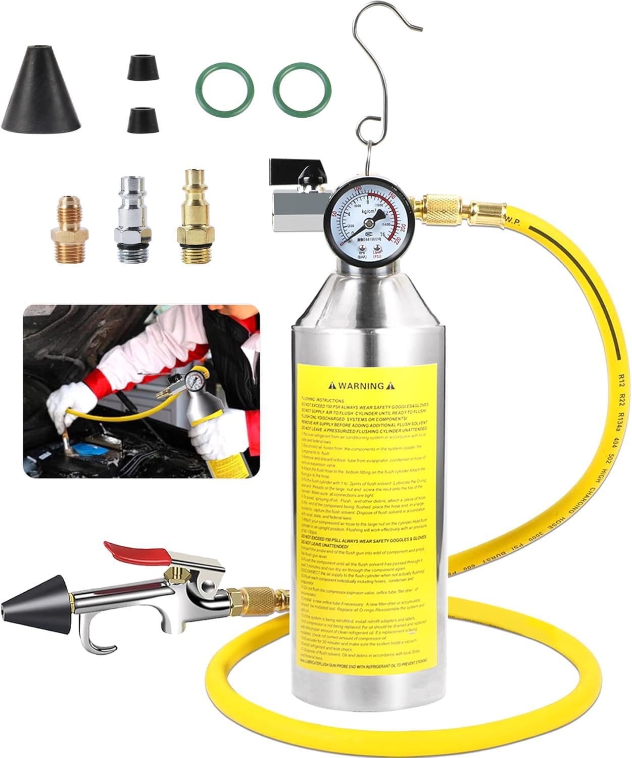 MOTOCOCHE AC Flush Kit with Pressure Gauge, Relief Valve, Spray Head & Hose - HVAC Cleaner for R410A, R134A, R22 Refrigerants Air Conditioner Pipe, Condenser, Evaporator