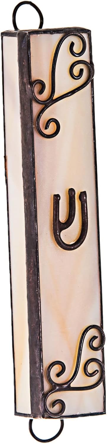 (D) Judaica Stained Glass Mezuzah for Door 6/8 x 4'' (Blue Oval)