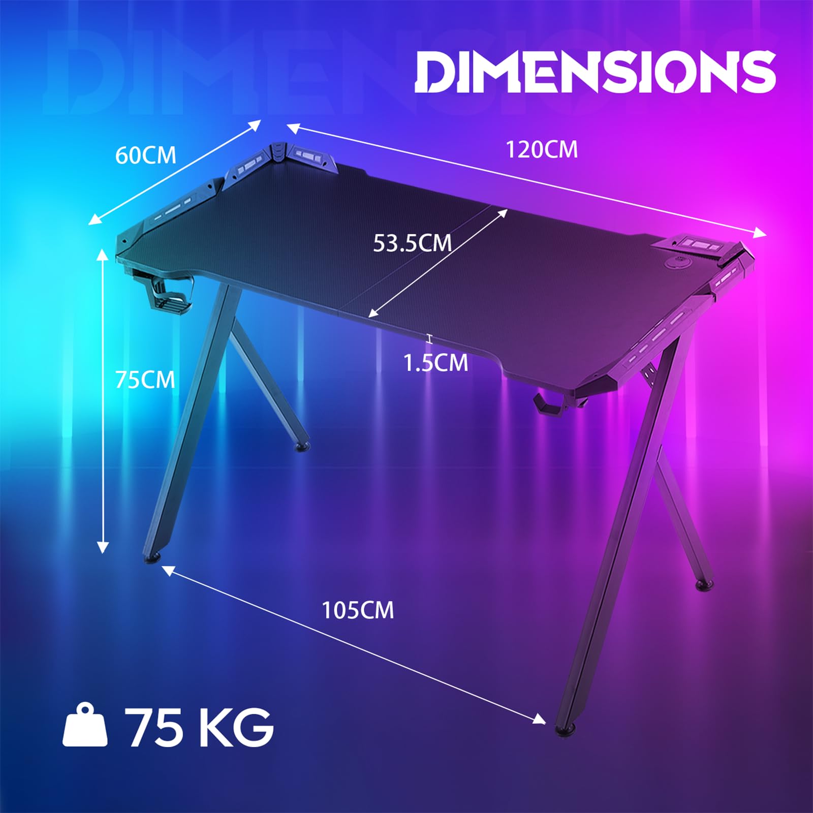 Dowinx Gamingtafel Met LED RGB - 120cm Koolstofvezel Gaming Bureau Met Afstandsbediening