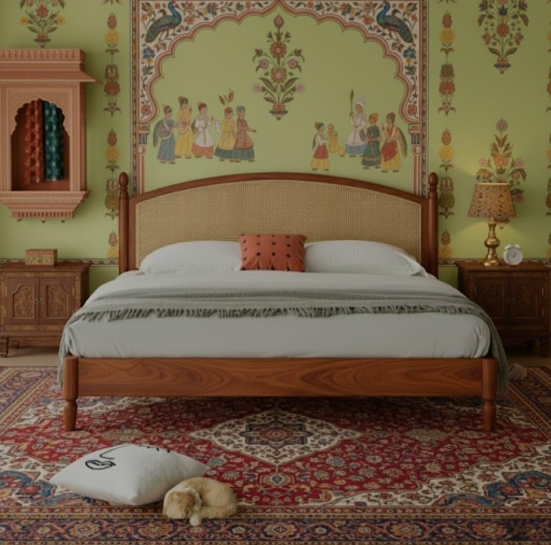 BEDOCRAFT Furniture Wooden/Rattan/Cane Queen Size Bed Without Storage - Solid Sheesham Wood - Queen Cot - Palang - Bed Stylish Bedroom Furniture/Hotel Furniture (Machho, Honey Finish) Rattan/Cane Bed-image-3