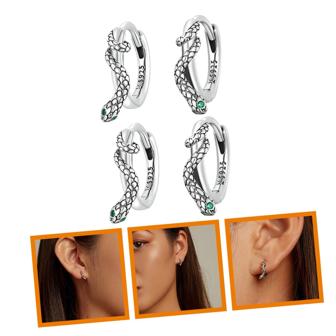 Uonlytech 2pares Pendientes de Serpiente de Plata Diseño Creativo Pendientes de Moda para Mujer Líneas de Zirconio Verde Accesorios para Orejas para Fiesta o Diario