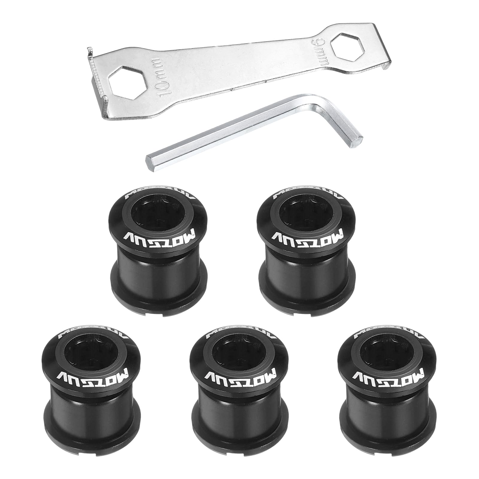 sourcing map 5pcs Double Chain Ring Bolts M8 Aluminum Alloy Bicycle Crankset Nut Chainwheel Screws with Mountain Wrenches for Road Bike Mountain Bike, Black