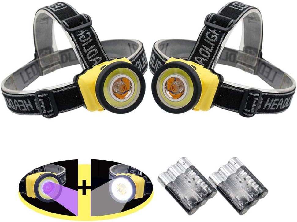 Headlamp 395nm Led UV Blacklight and White Light Spot Scorpions Emergency Headlight Pet Urine Stain Detection Cob Free Handheld Flashlight for Jogging Running Camping Fishing 2pcs