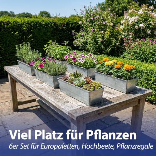 Cepewa Pflanzkasten 6er Set | für Europaletten Paletten Balkonkästen Pflanzregale | 38x13x9cm Stahlblech verzinkt Silber | Pflanzgefäß für Blumen Kräuter Pflanzen