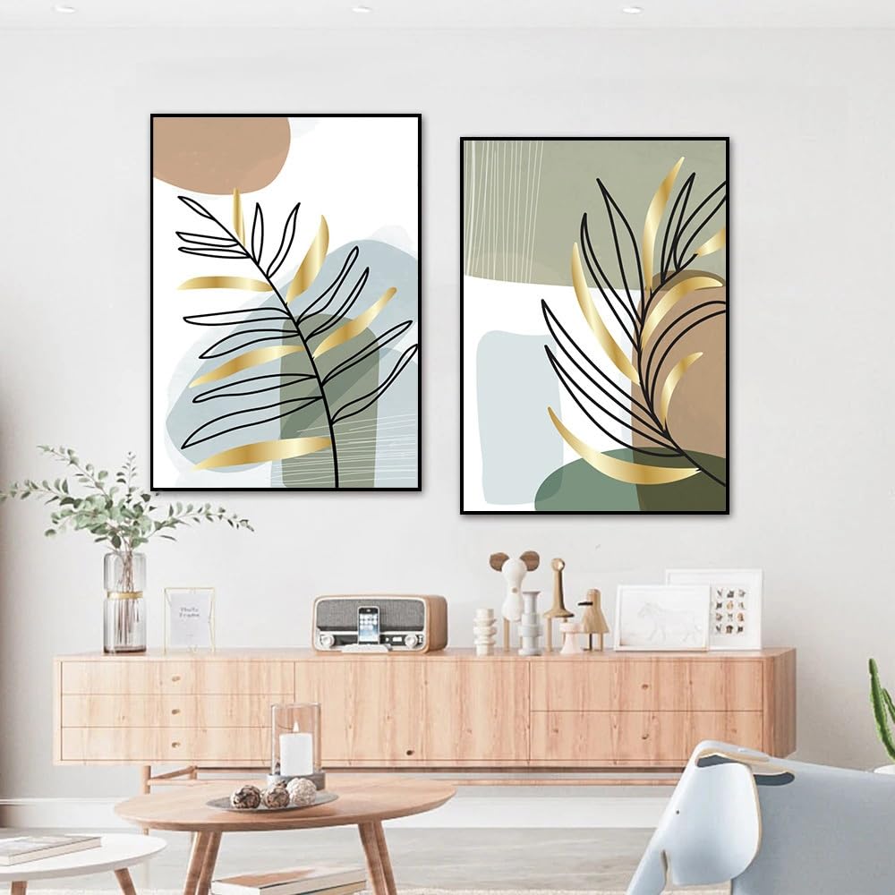 WBYZAC 2 Pieces Poster-Abstract Gold Leaf Boho Line Posters Minimalist Wall Art Canvas Painting Geometry Print Pictures Nordic Poster Kitchen Living Room Decor-60 * 70cm (No Frame)