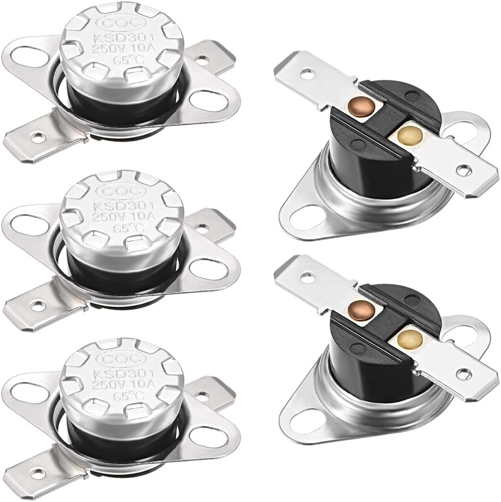 sourcing map KSD301 Thermostat 65°C/149°F 10A Normally Open N.O Adjust Snap Disc Temperature Switch 5pcs,Bakelite Material