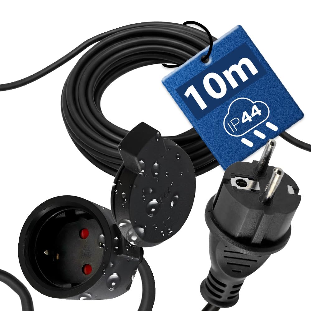 Rallonge Électrique Extérieure 10m IP44 3×1,5 mm² 2000W Noir - Câble Prolongateur Étanche avec Fiche Uni-Schuko et Prise Type F avec Clapet - Rallonge pour Tondeuse, Jardin, Chantier - Horoz Electric