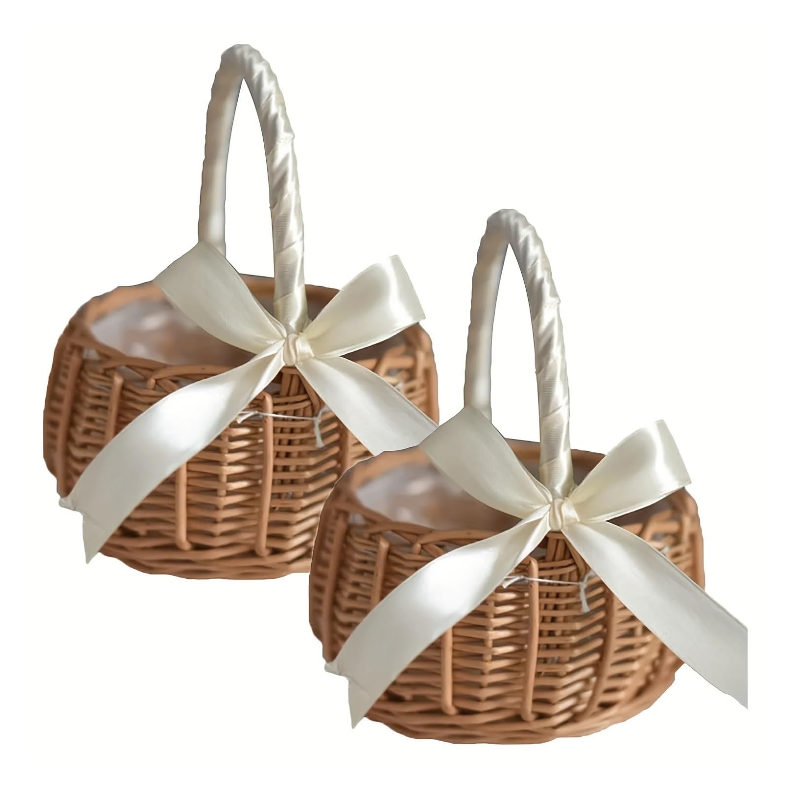 Hamper Basket 2pcs Wicker Rattan Flower Basket With Handle, Romantic Flower Girl Basket, Bowknot Decor Wedding Basket