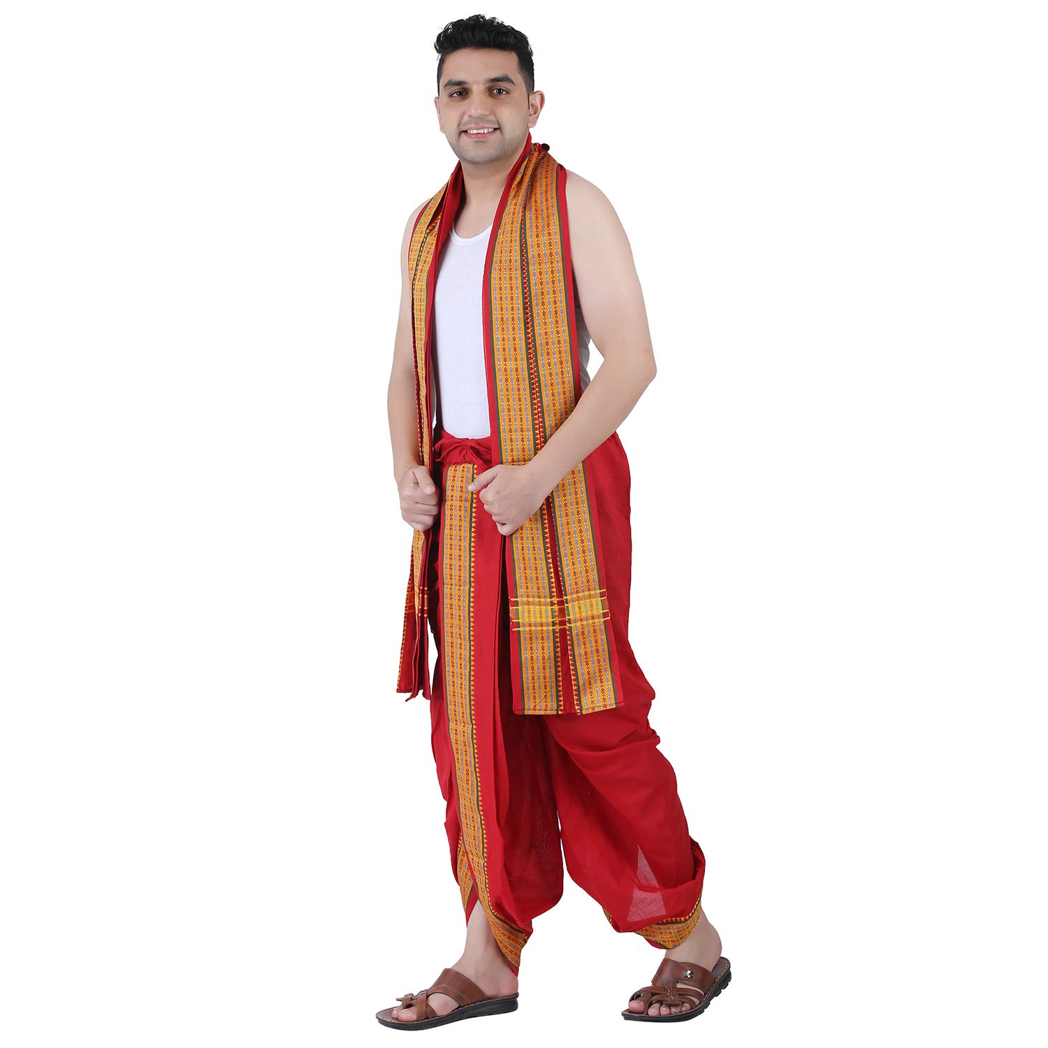 Prakasam Cotton Men's Panchakachamready Made (Ready To Wear) Dhoti Towel Set With Pocket- Free Size (Red)