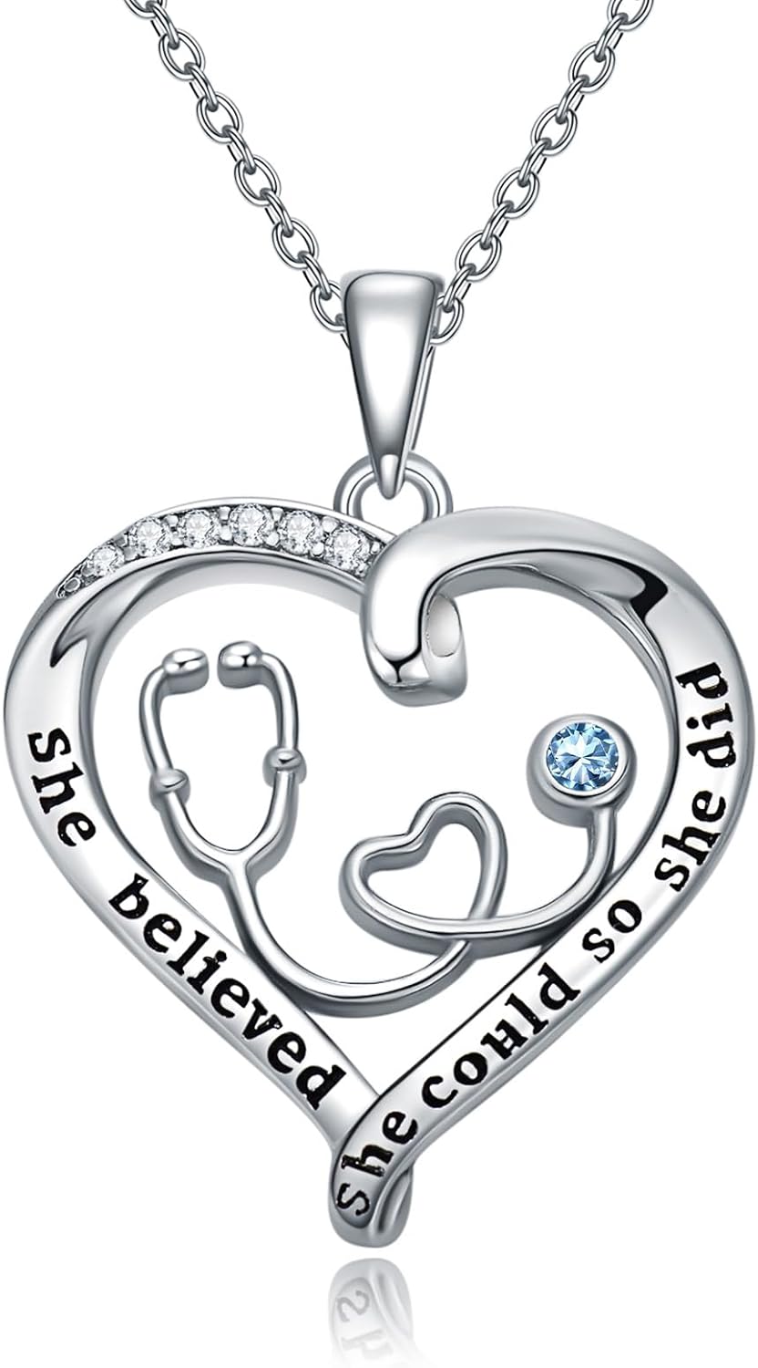 OCJ Nurse Gifts Nurse Pendant 925 Sterling Silver Heart Stethoscope Caduceus Angel Wings RN Necklaces Birthstone Jewelry Birthday Christmas Graduation Gifts for Nurses, Doctor, Medical Student