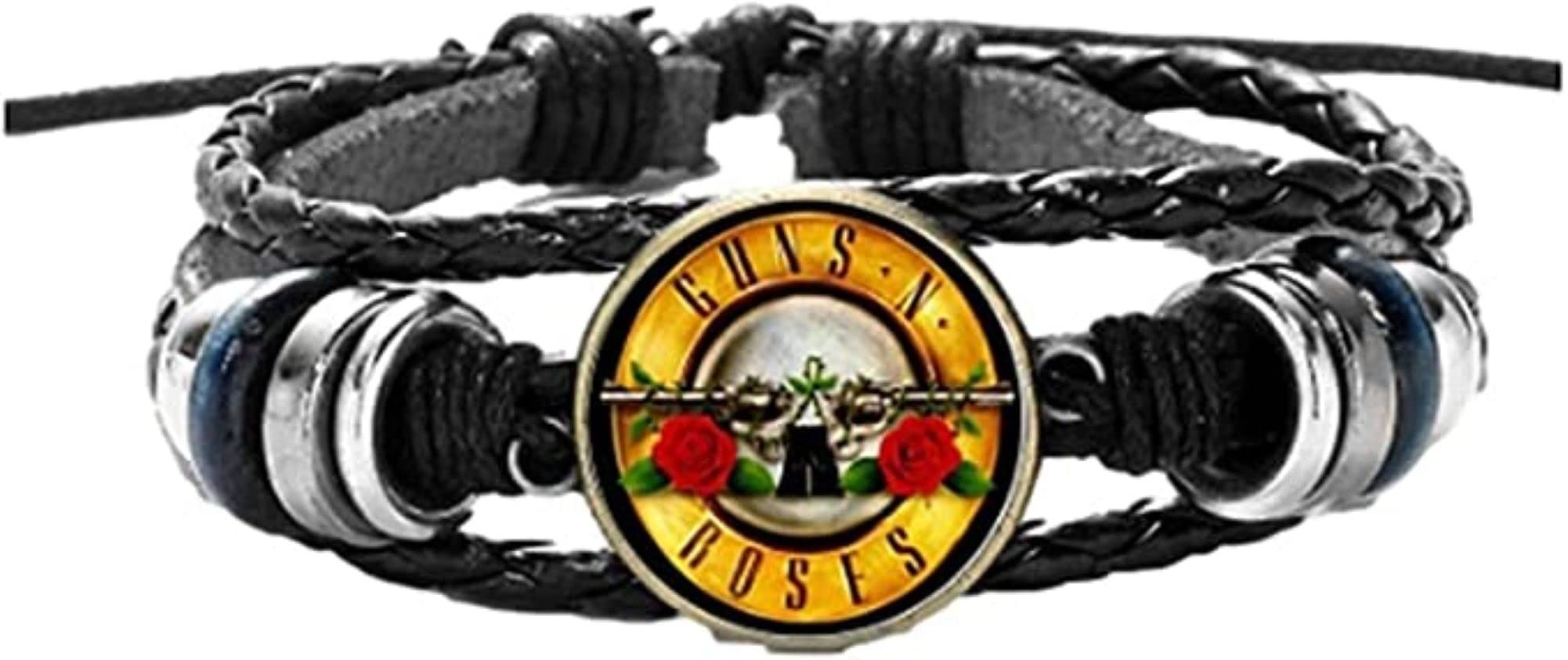 TCB CreationsRoses N Guns Rock Band Logo Glass Domed Braided Leather Bracelet
