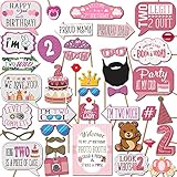 2nd Birthday Girl Photo Booth Props - 41-pc Photobooth Kit with 8 x 10-Inch Sign, 60 Adhesive Pads, 45 Sticks - 2nd Birthday Decorations for Girls