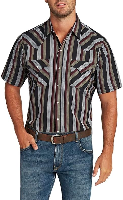 ELY CATTLEMAN Mens Short Sleeve Western Stripe, Burgundy, M