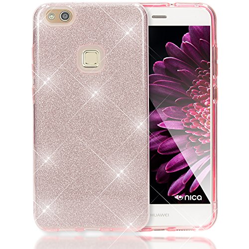 NALIA Purpurina Funda Compatible con Huawei P10 Lite, Carcasa Protectora Movil Silicona Ultra-Fina Glitter Gel Bumper Estuche, Lentejuela Cubierta Ligera Delgado Back-Cover Slim Case, Color:Pink Rosa