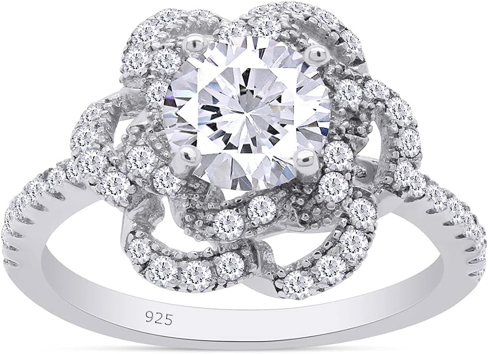 6.5MM Center, Round Cut Sparkling White Cubic Zirconia Floral Solitaire Engagement Ring In 14k Gold Over Sterling Silver Jewelry for Women's Wedding