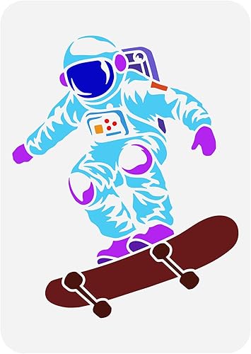 FINGERINSPIRE Plantilla de pintura de astronauta en monopatín de 8.3 x 11.7 pulgadas, plantilla de dibujo de astronauta en monopatín, plantilla de