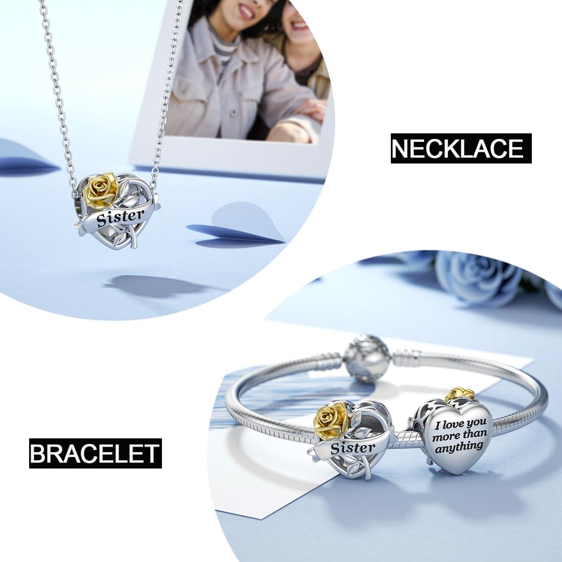 JIAYIQI Mom Grandma Daughter Wife Friend Sister Charm Fit Bracelet with Golden 3D Rose Flower Love Charm Valentines' Day Birthday Mother's Day Christmas Jewelry for Women - Image 2