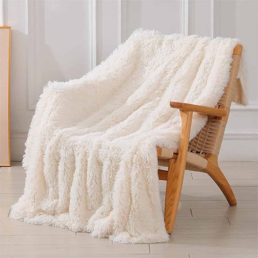 Throw Blanket, Decorative Extra Soft Fuzzy Faux Fur Throw Blanket, Solid Reversible Long Hair Shaggy Blanket, Fluffy Cozy Plush Comfy Microfiber Fleece Blankets (50x63Inch, Cream White)