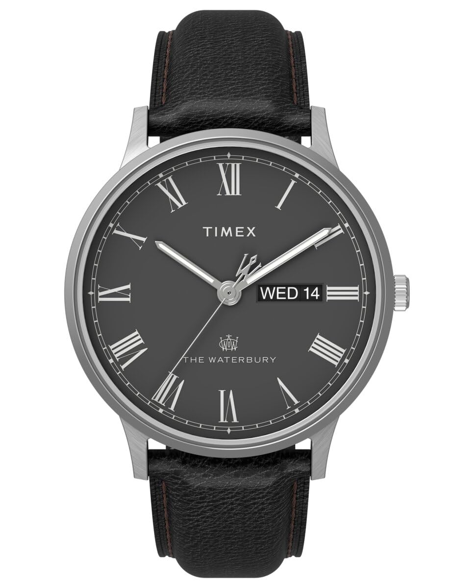 Timex Waterbury Tw2U88600 Zegarek Męski, 40 mm, Czarny Skórzany Pasek, Czarna Tarcza i Koperta ze Stali Nierdzewnej