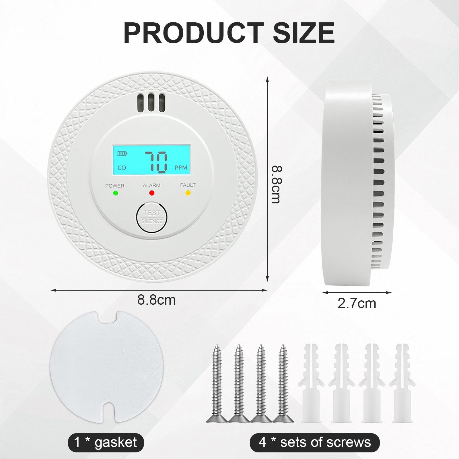 Detector de Monóxido de Carbono, Alarma 85dB, Detector CO con Pantalla LCD, Sensor Electroquímico, Batería, Cumple UL2034, para Hogar/Cocina/Viajes