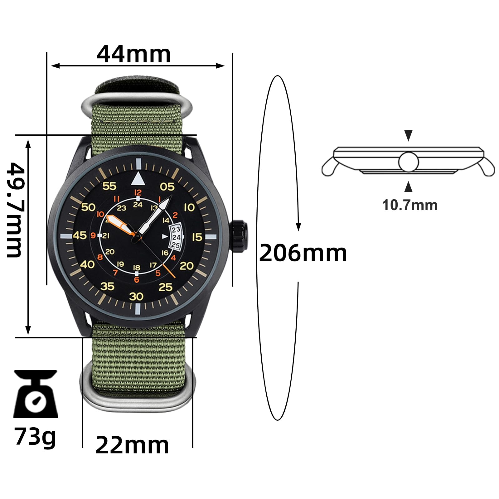 addies Montre militaire pour homme 44 mm Affichage 3 dates Étanche 50 m Bracelet en nylon à séchage rapide