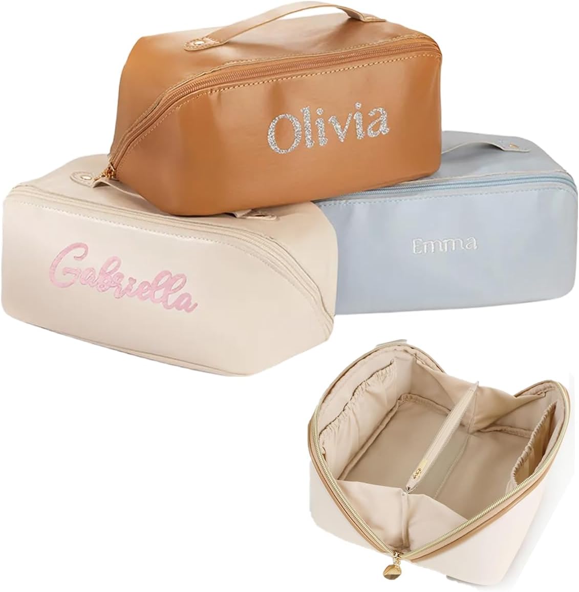 Custom Name Open Flat Travel Makeup Bag Real Leather Lazy Lay Flat Cosmetic Bags for Women Personalised Toiletry Bag Womens Makeup Case Organiser Small Make Up Pouch for Traveling Large Capacity