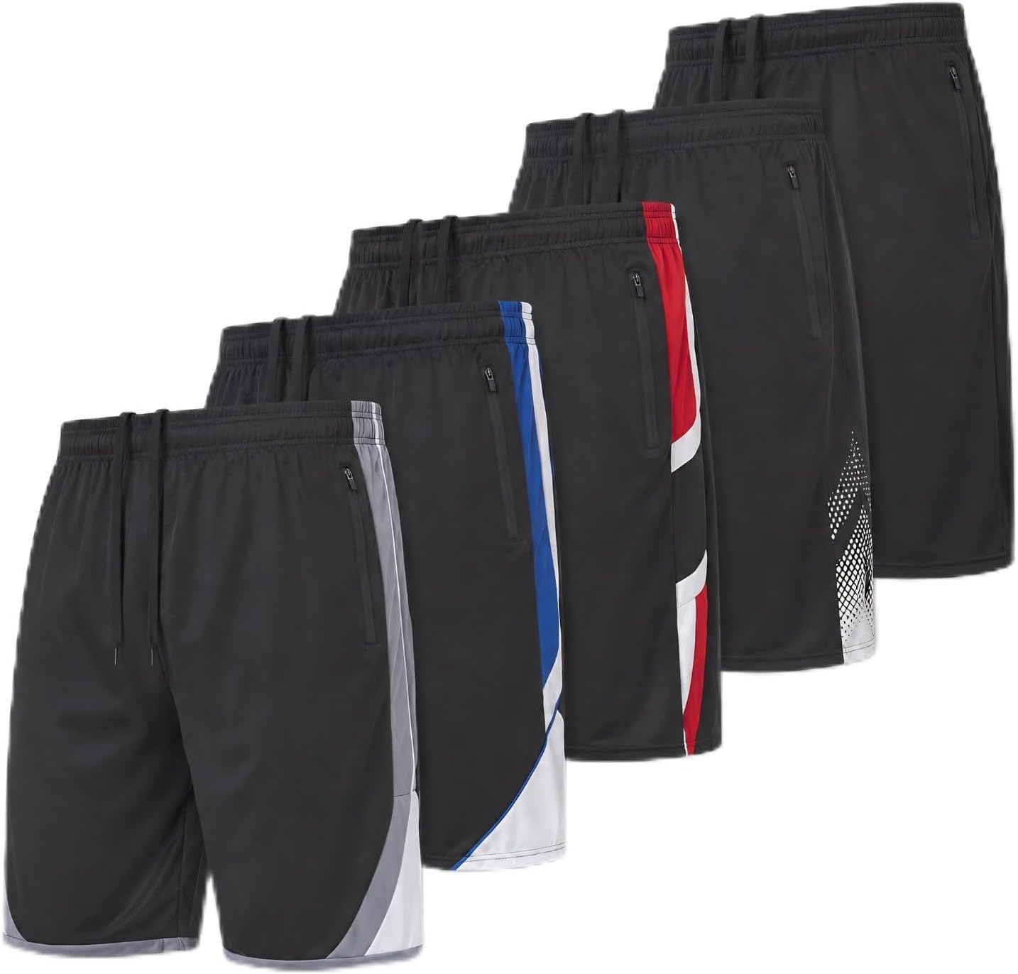 Mens 5 Pack Athletic Running Shorts, Loose fit Basketball Gym Workout Shorts for Men with Zippered Pockets