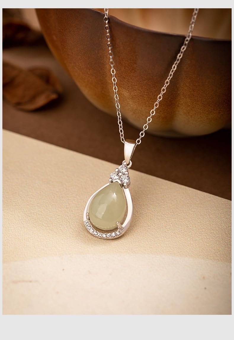 14K Gold Real Natural Jade Teardrop Necklace, Traditional Chinese Style Pendant, Elegant Jade Jewelry Gift forHer Blessing