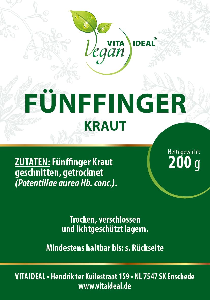 VITA IDEAL Vegan® FÜNFFINGER - Kraut 4x 200g geschnitten & getrocknet - Potentilla aurea - FÜNFFINGERKRAUT - Kriechendes Fingerkraut Kräuter Tee & Aufguss, ohne Zusatzstoffe.
