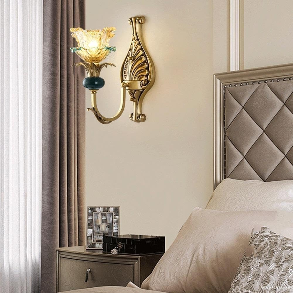 Aplique de Pared de Cristal Floral, Lámpara de Vela Francesa de Latón E14/Luz Cálida