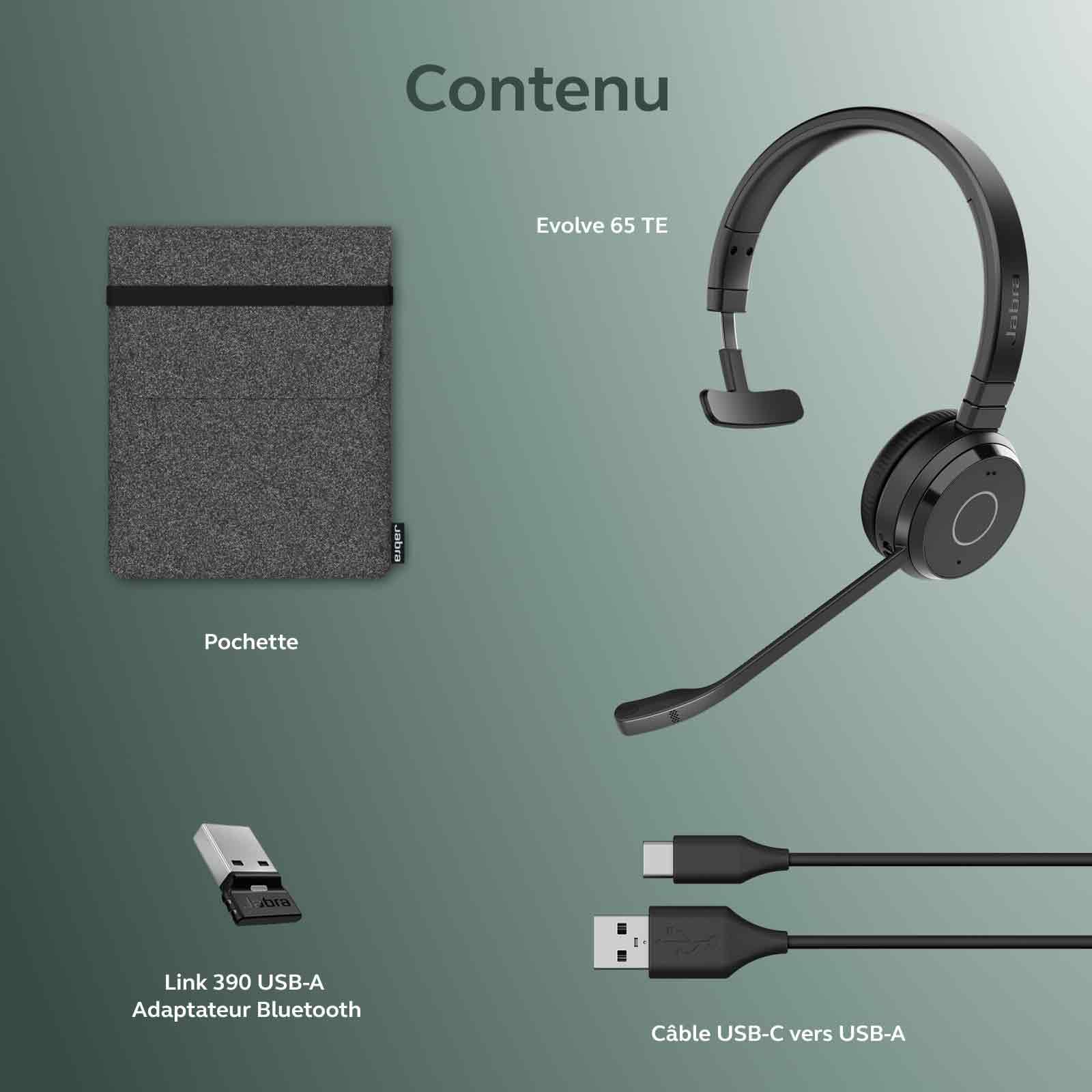 Jabra Evolve 65 Te (3e édition 2025) Micro-Casque Mono Bluetooth sans Fil, se connecte à 2 appareils, 16 h d’autonomie, Micro antibruit, Adaptateur USB-A, Fonctionne avec Les applis de réunion, Noir