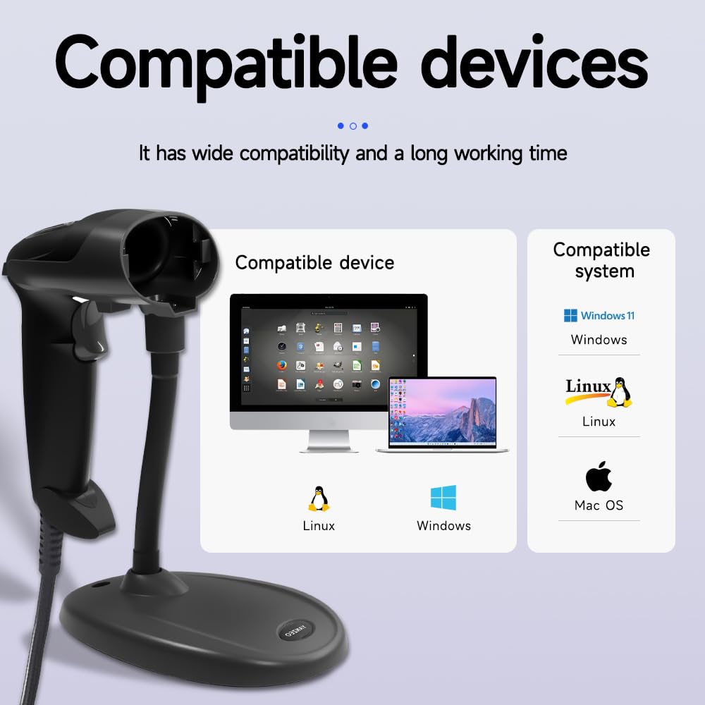 YANZEO Scanner di codici a barre 1D 2D con supporto regolabile, scanner di codice QR, lettore di codici a barre portatile USB con sensore di immagine CMOS e rilevamento automatico dello schermo