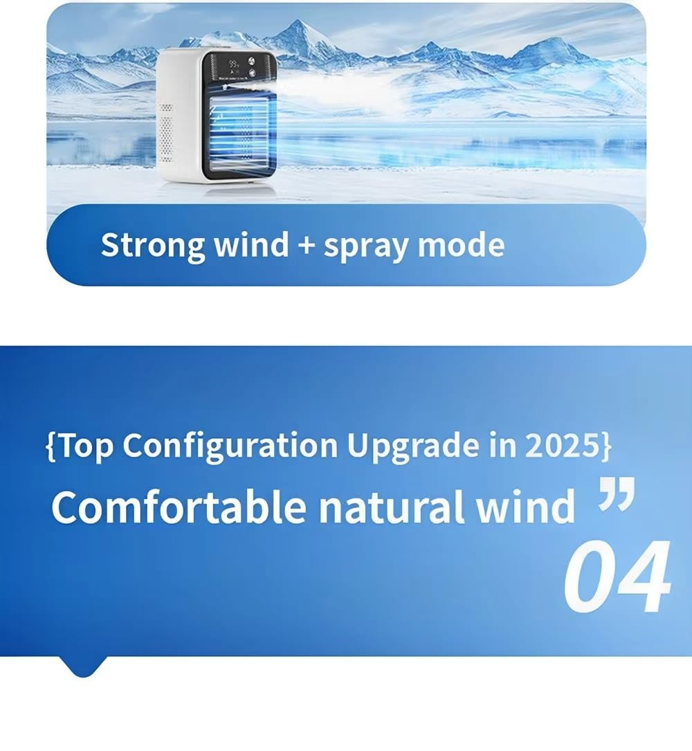 Climatiseur portable, climatiseur portable silencieux 4 en 1, capacité de 500 ml, deux vitesses de ventilation, deux modes de pulvérisation, mini climatiseur, convient aux bureaux Touches Tactiles