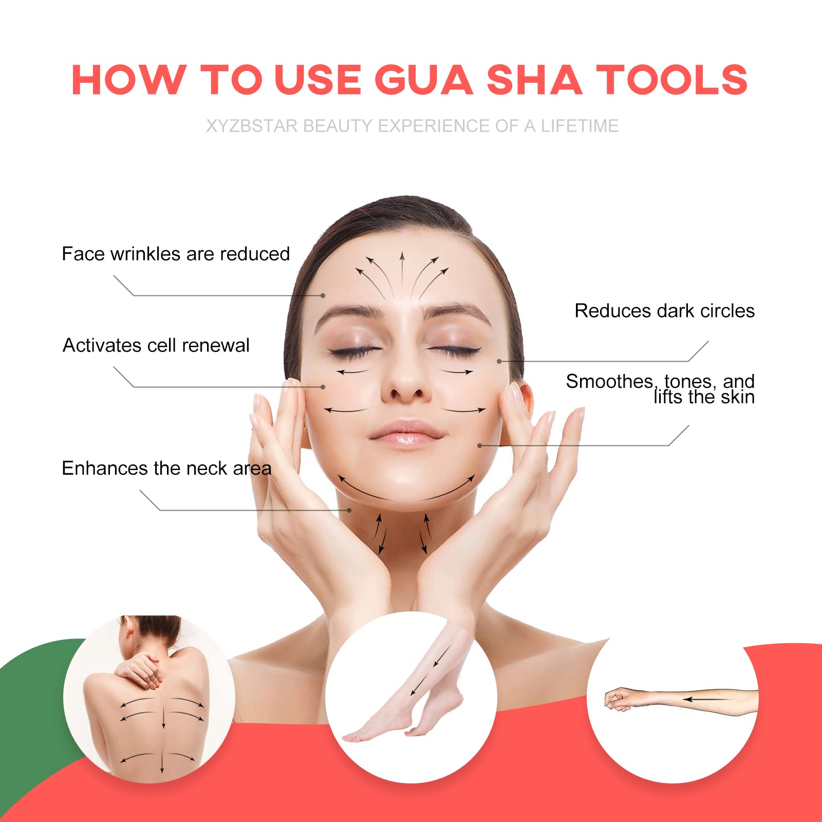 Gua Sha - Juego de 3 herramientas de masaje Guasha de cuarzo rosa, herramienta de raspado para cara, cuello, ojos y cuerpo, piedra de jade Guasha, paquete de 3 (rosa)