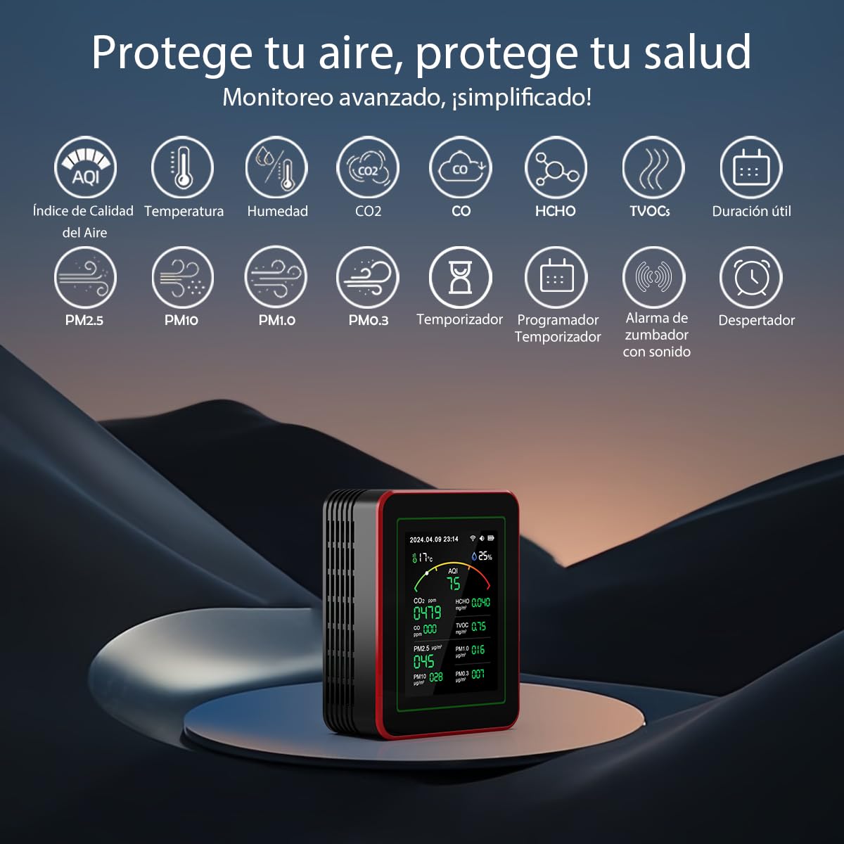 Medidor de Calidad del Aire Interior 15 en 1 con App - 2 Chips Sensores Precisos de CO2,PM2.5/PM10,HCHO,TVOC | Alertas en Tiempo Real y Análisis para la Salud | Fácil Lectura,Ideal para Hogar,Oficina