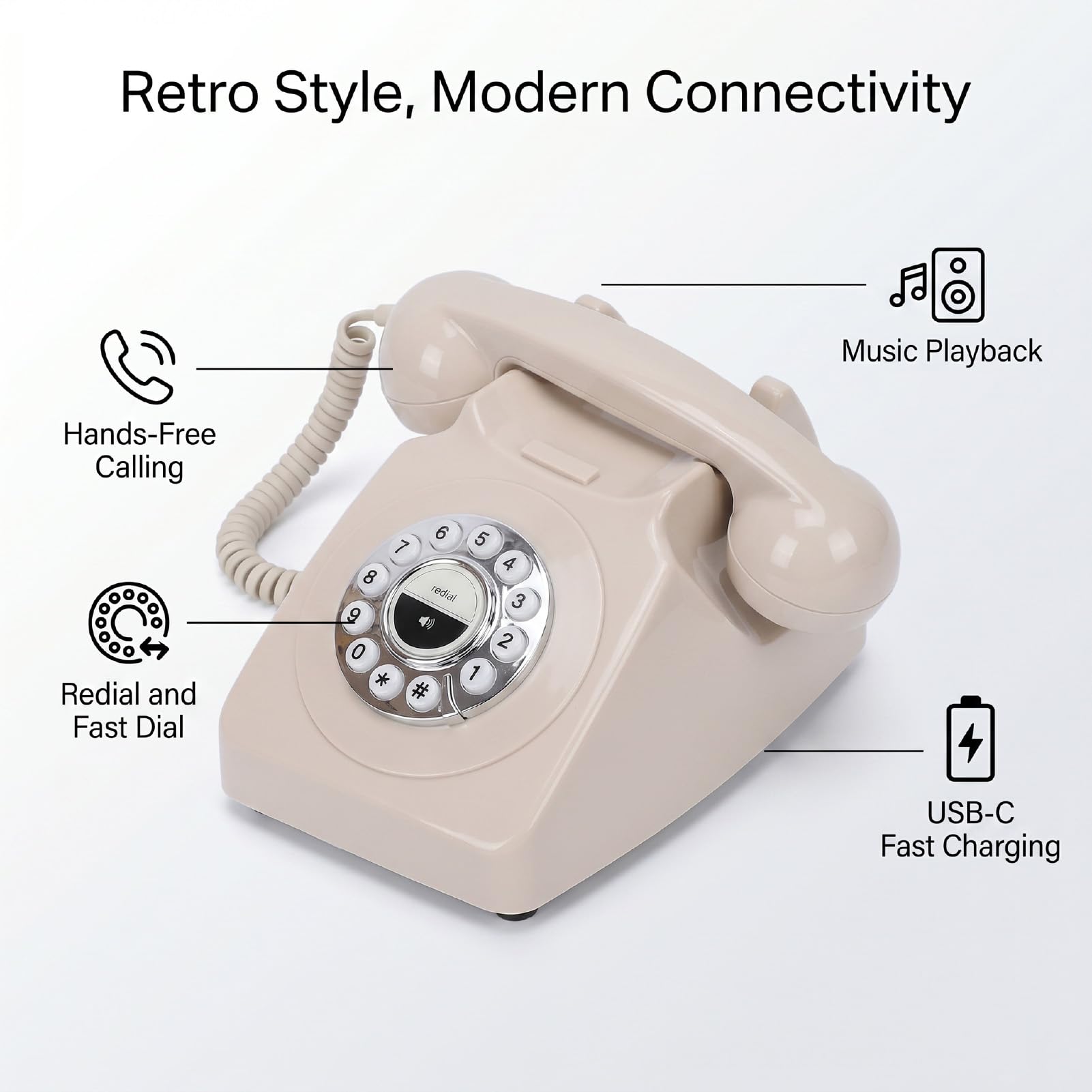 Cosiki Telefono Bluetooth Stile retrò con Chiamate in Vivavoce e Riproduzione Musicale per Decorazioni Domestiche 215x144 Mm (Beige)