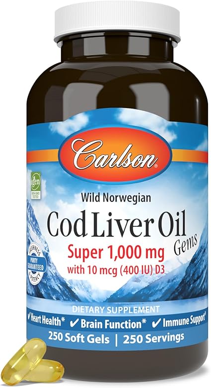 Carlson - Cod Liver Oil Gems, Super 1000 mg, 250 mg Omega-3s, 400 IU (10 mcg) Vitamin D3, Wild Caught Norwegian Arctic Cod Liver Oil, Capsules, 250 Softgels