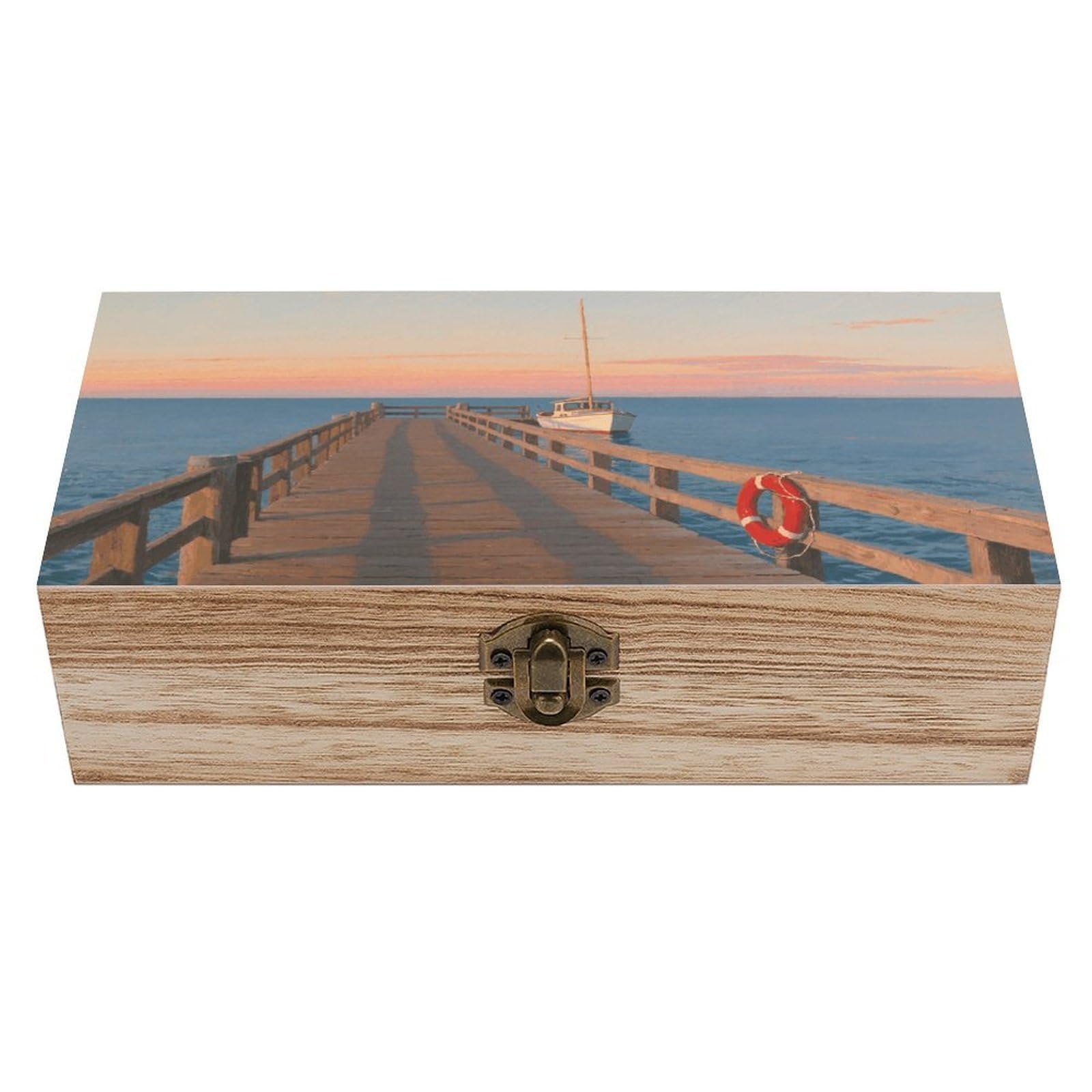 VstaDank Seaside Escape Wooden Storage Box Vintage Style Wooden Storage Case with A Hinged Lid Memory Treasure Boxes Decorative Jewelny Photos for Organizer 7.9 * 3.7 * 2.3 Inch