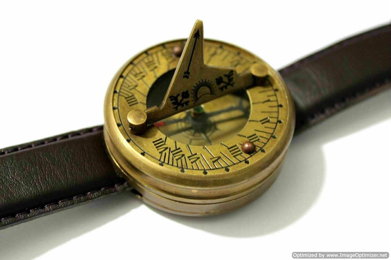 Reloj de pulsera con brújula de trabajo con reloj de sol de latón náutico, estilo vintage hecho a mano, Hombre (‎Marrón Antiguo)