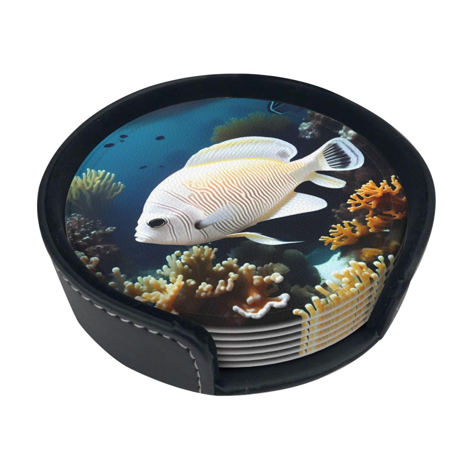 Cntdbu White -Golden Fish Leather Coasters Set Of 6-Pu Leather Drink Mats For Table, Heat Resistant Round Coasters With Holder