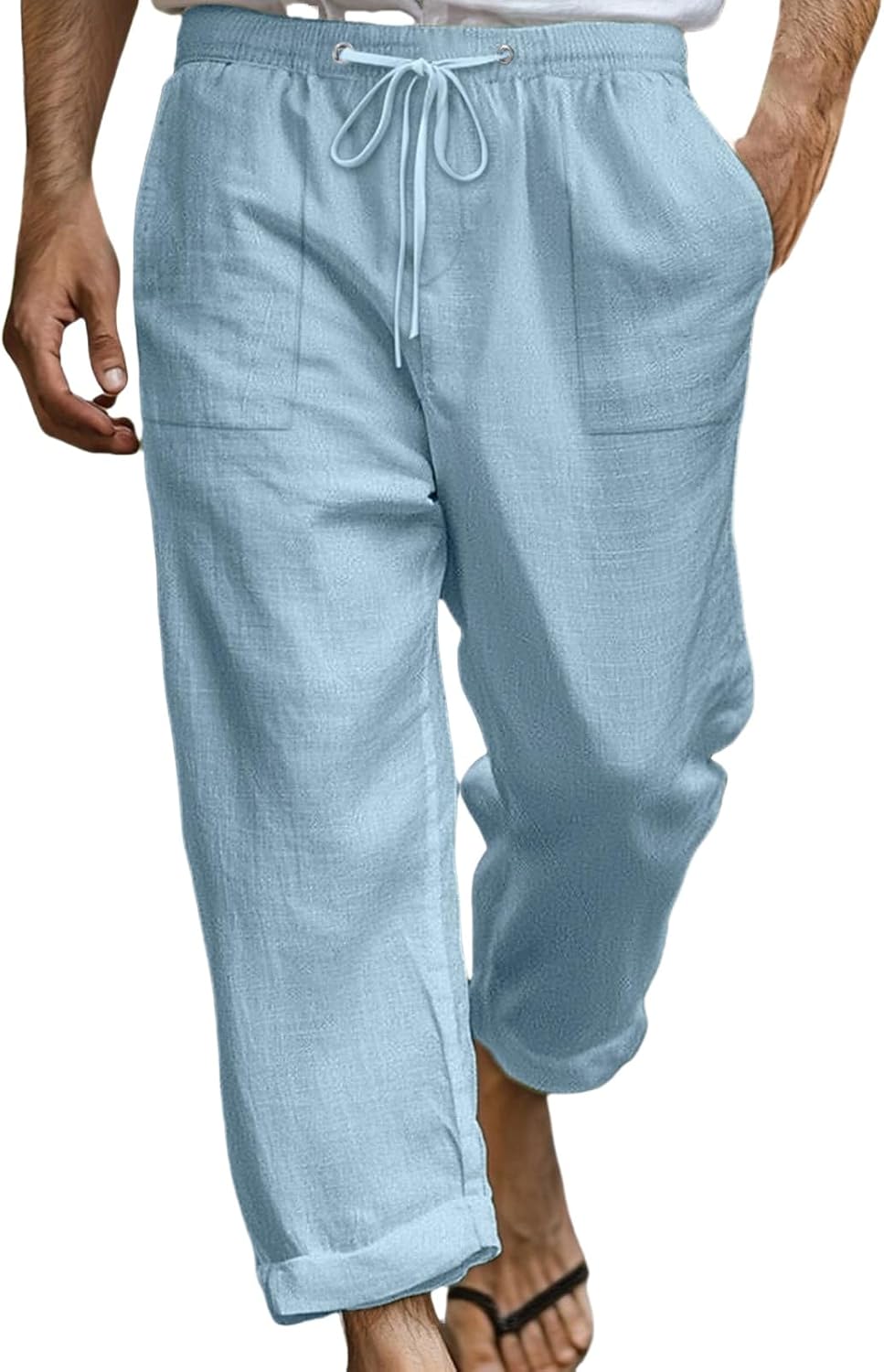 Cotton Linen Pants for Men Drawstring Elastic Waist Yoga Pants Summer Breathable Travel Casual Trousers with Pockets