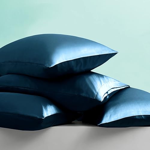 Miniatura 5 de Ersmak Juego de sábanas de satén de 7 piezas, tamaño California King, juego de sábanas de satén azul marino sedoso de lujo con 1 sábana bajera de