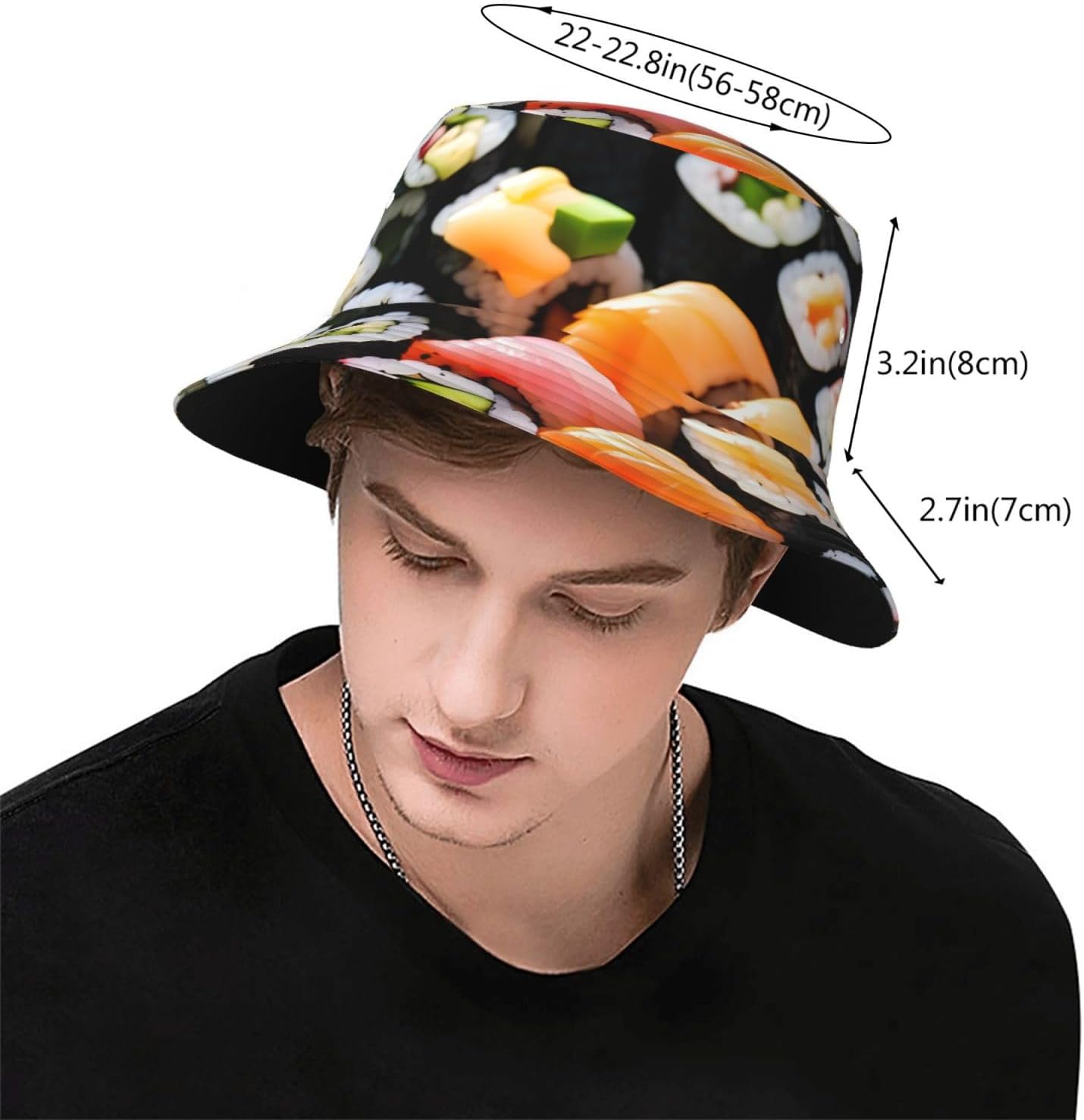 Sushi Print Sun Hat Outdoor Fisherman Cap Summer Bucket Hat Beach for Men Women Black
