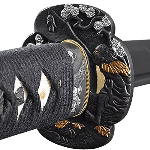 Handmade Sword - Samurai Katana Swords, Practical, Hand Forged, 1045 Carbon Steel, Heat Tempered, Full Tang, Sharp, Red Wooden Scabbard Painted Plum Blossom Pattern