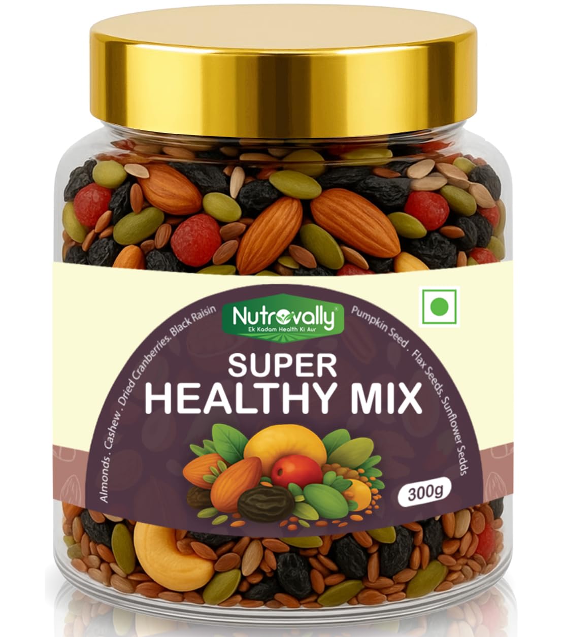 NutroVally Premium Healthy Mix 300g | Superfood Snack with Almonds, Cashews, Cranberries, Raisins, Flax, Sunflower & Pumpkin Seeds | Protein & Fiber Rich | Boosts Energy, Digestion, Immunity & Satiety