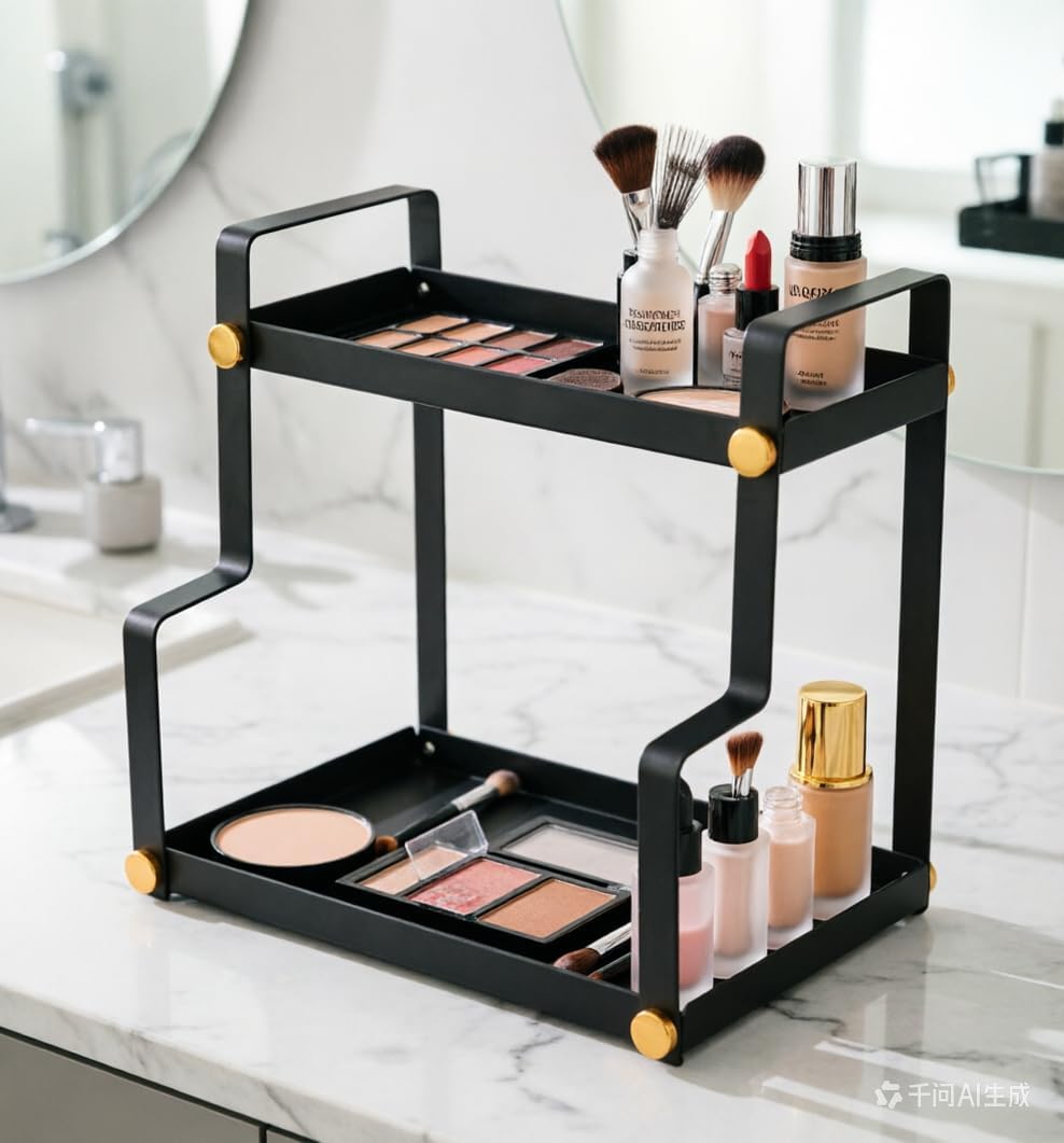 FFK 2 Tier Countertop Organizer, Cosmetic Organizer, Storage Shelf for Cabinet, Countertop, Pantry, Desktop, Ideal for Bathroom, Kitchen, Office (Black)