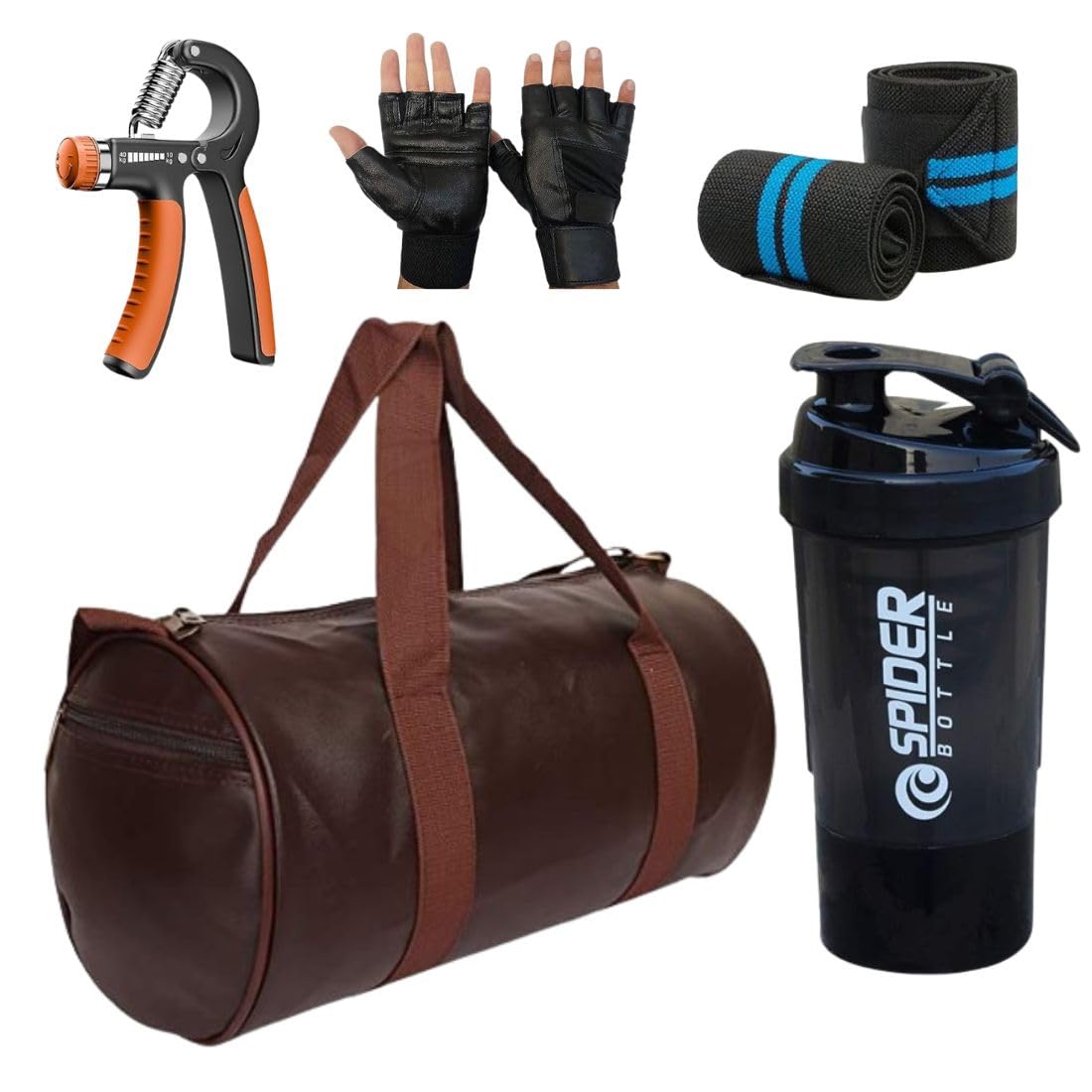 Combo Set of Gym Bag with Gym Gloves with Blue Wrist Support Band and Black Shaker Bottle and Hand Black Gripper (Brown)-image-15